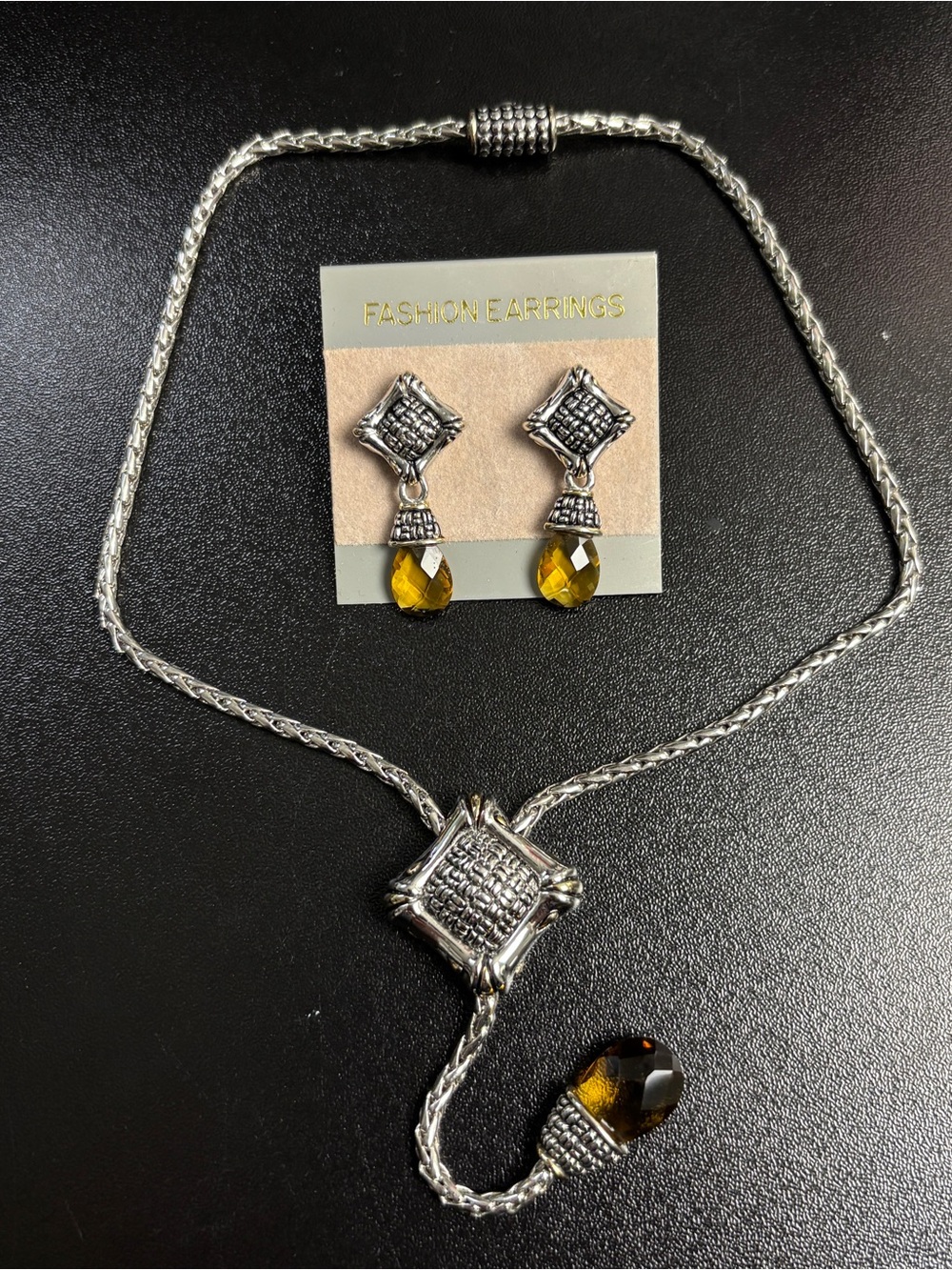 Vintage Necklace Earrings Set Silvertone Faceted Glass Amber Color Stones